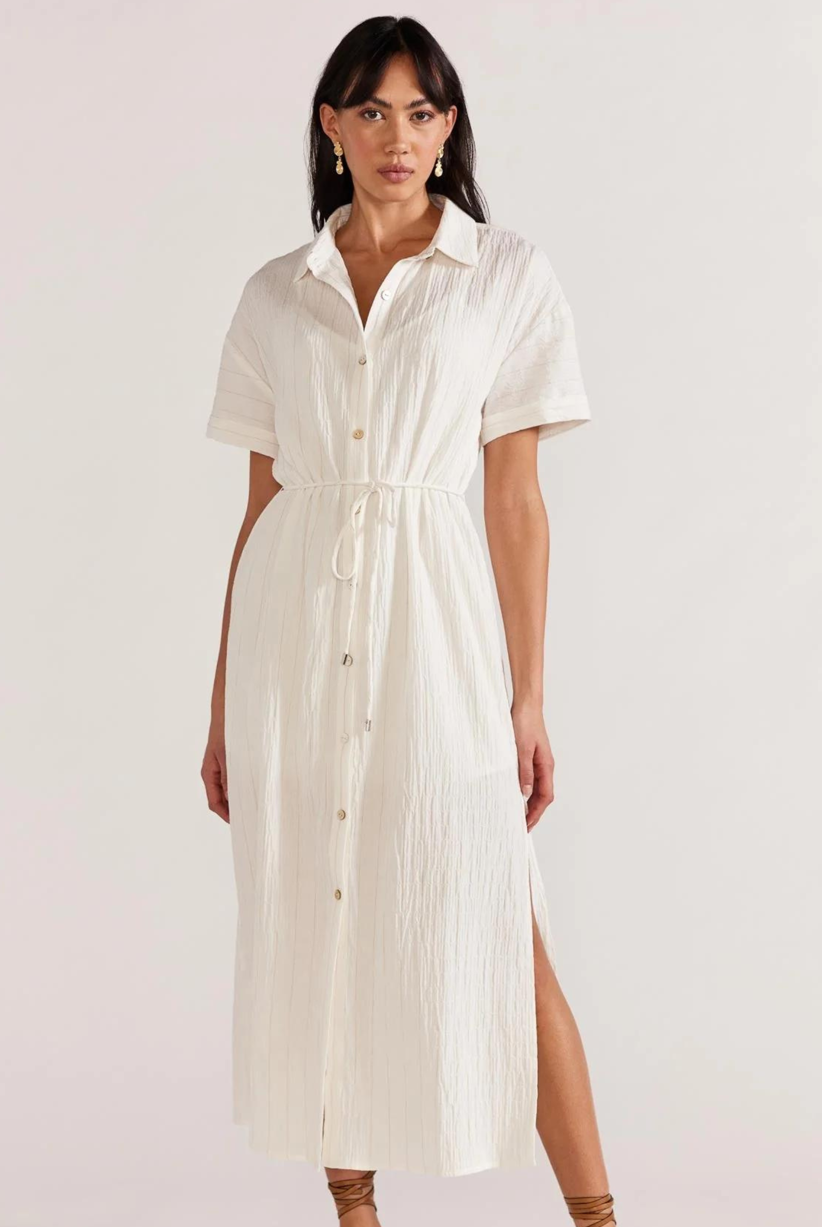 White button through shirt dress from Staple the Label with a belt at the waist