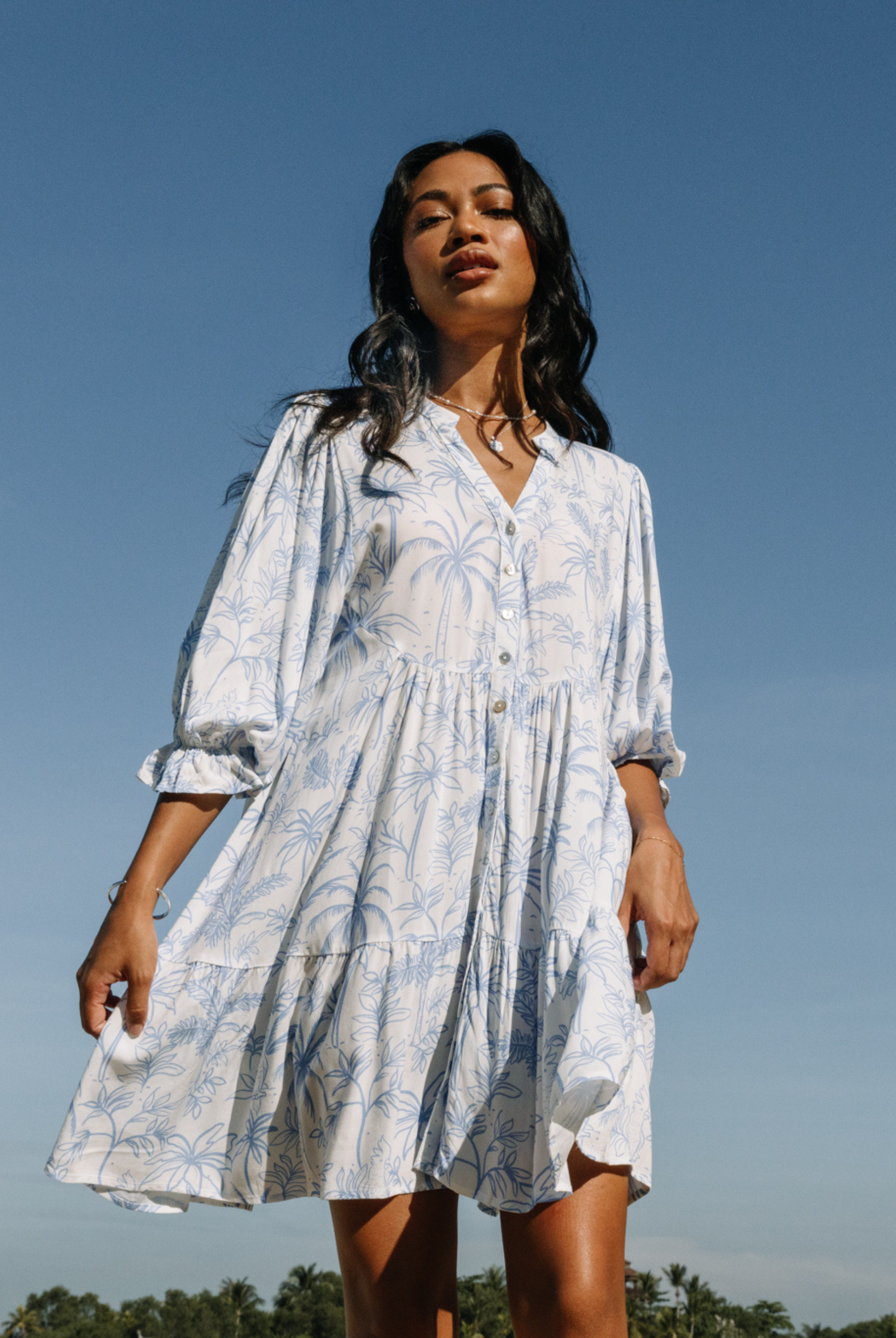 Alexis Mini Dress from ESTL in viscose fabric with palm and cockatoo print