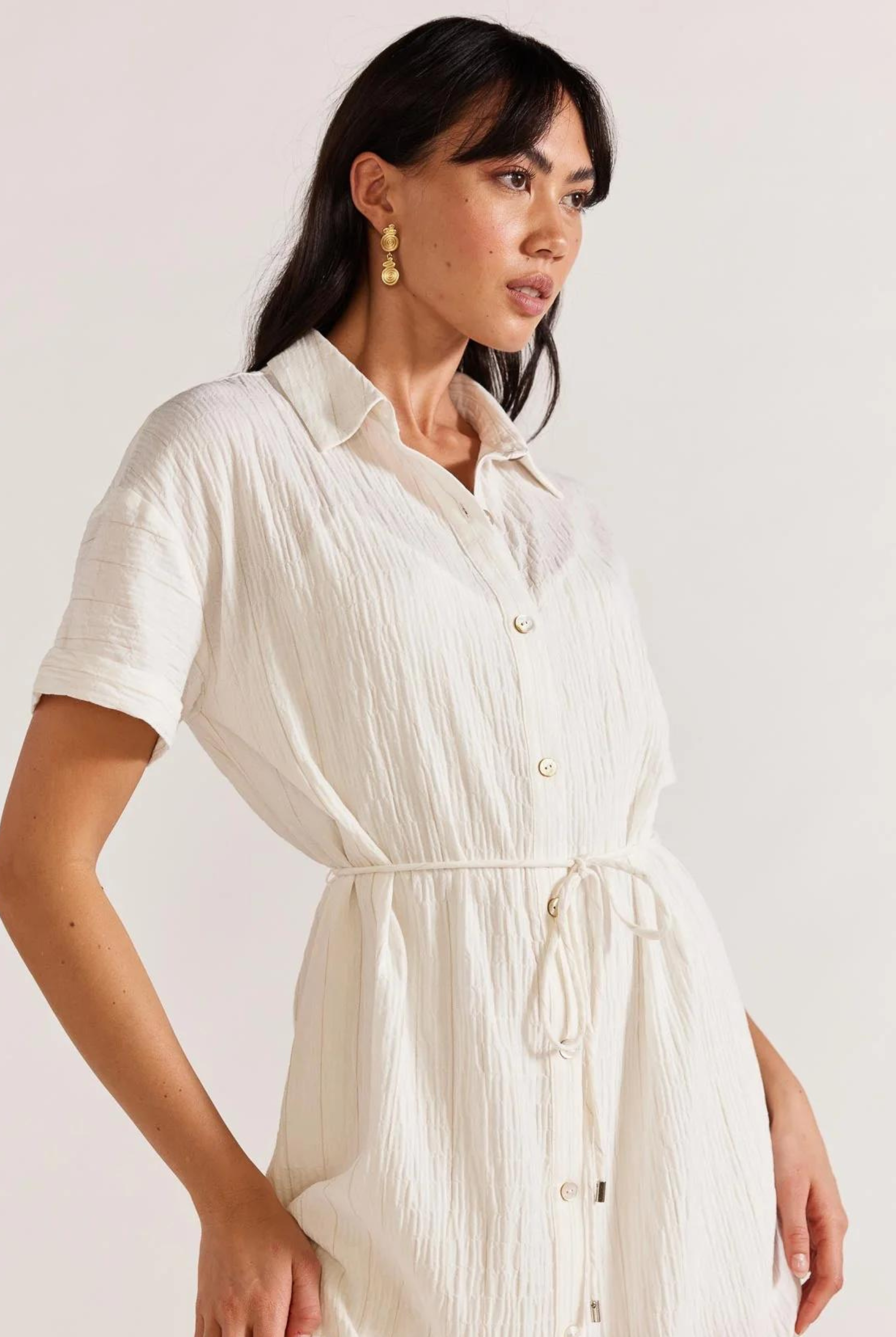 White button through shirt dress from Staple the Label with a belt at the waist
