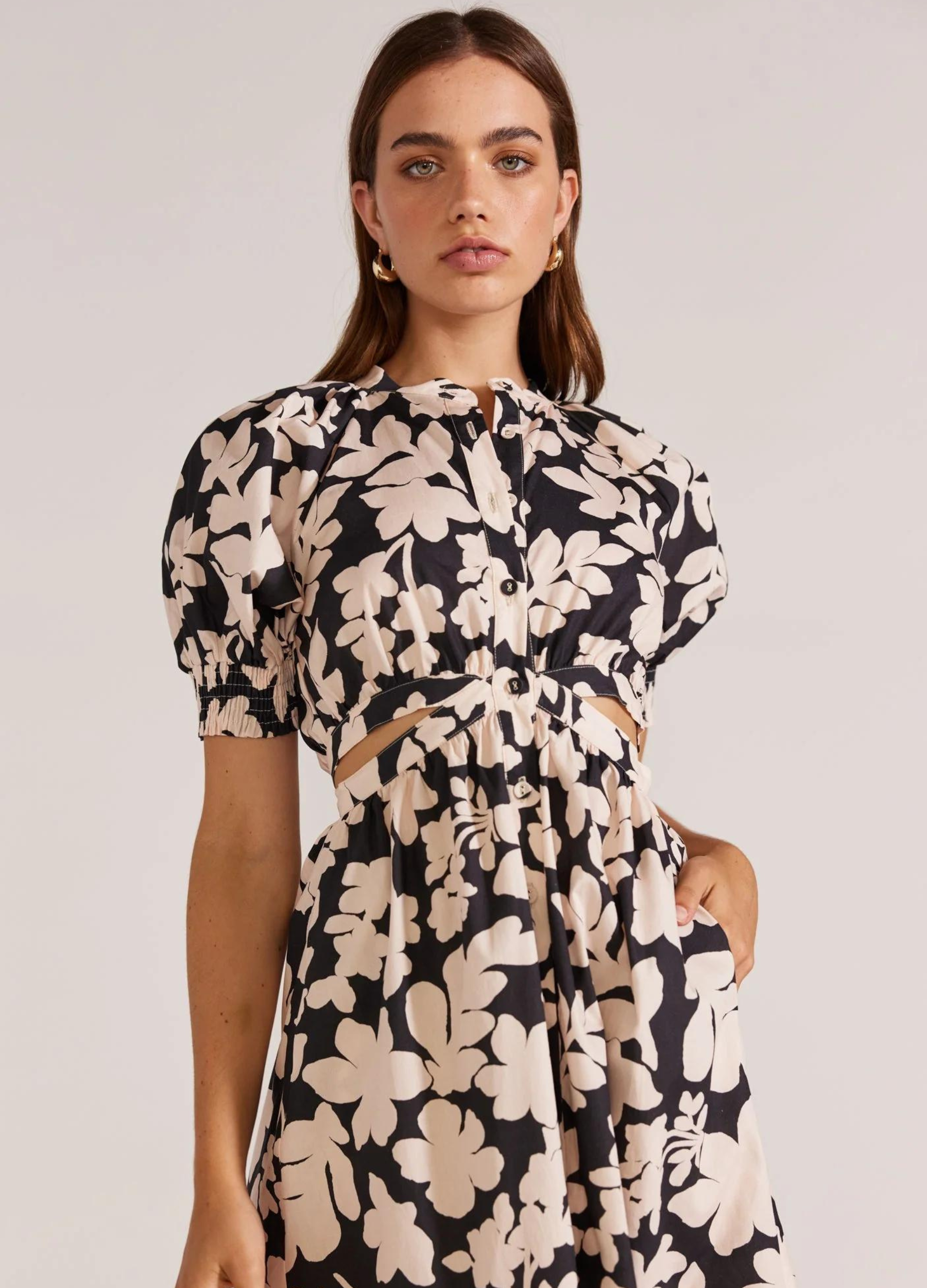 Selita Cut Out Midi Dress from Staple the Label black and white floral print with cut outs