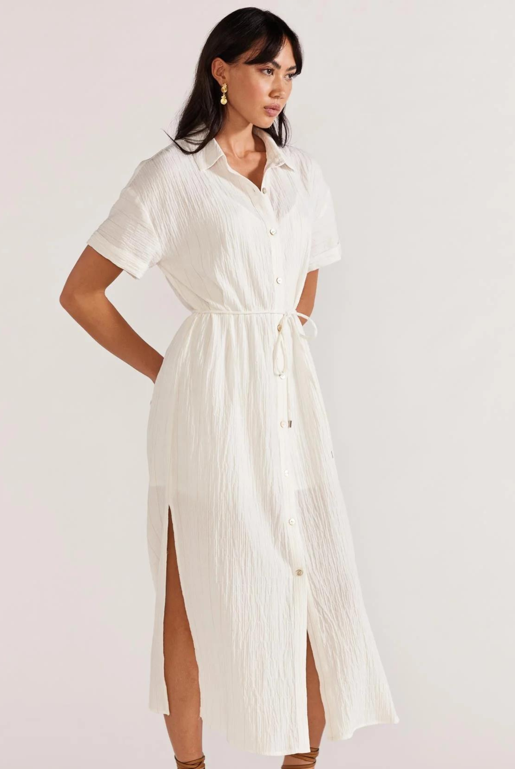 White button through shirt dress from Staple the Label with a belt at the waist