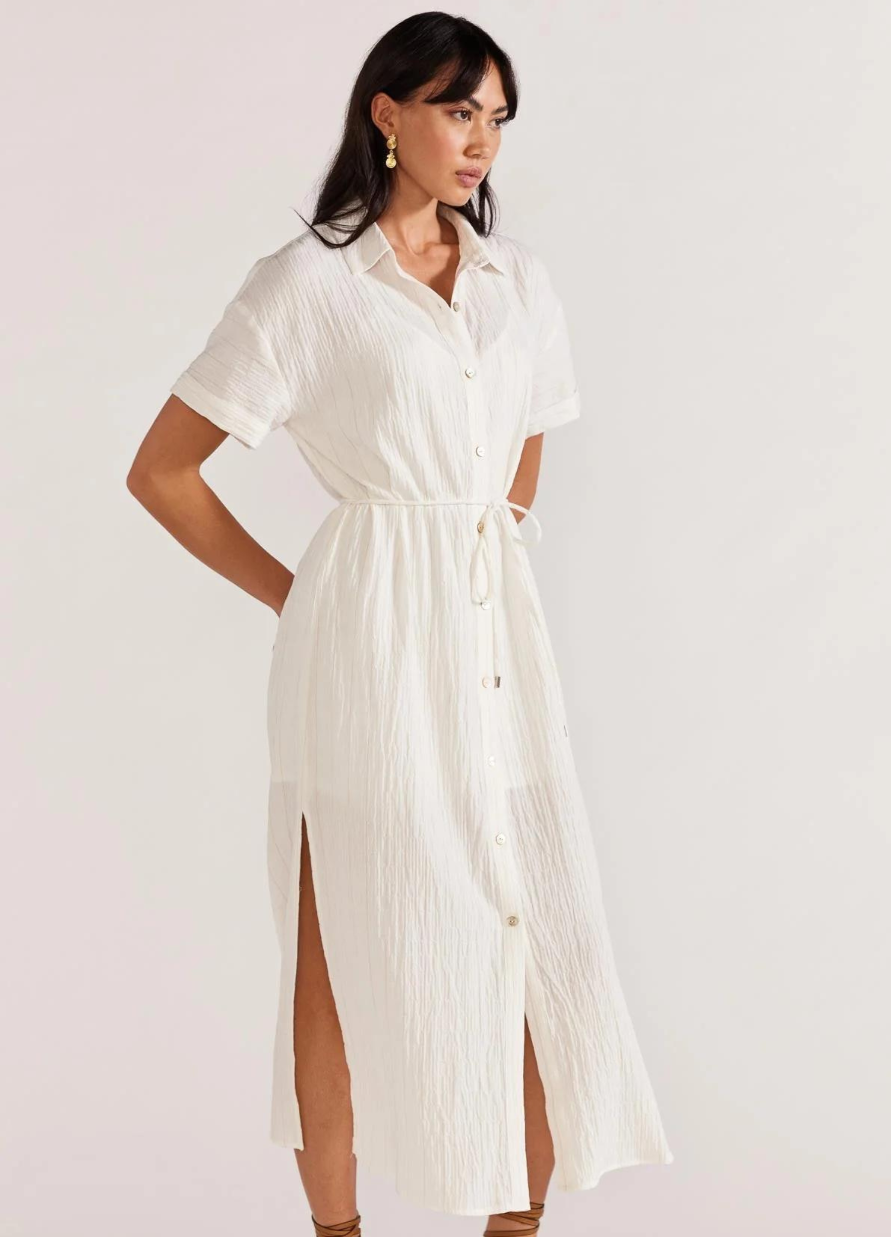 White button through shirt dress from Staple the Label with a belt at the waist