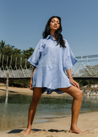 Pixie Cornflower Blue Playsuit with shell buttons and collar