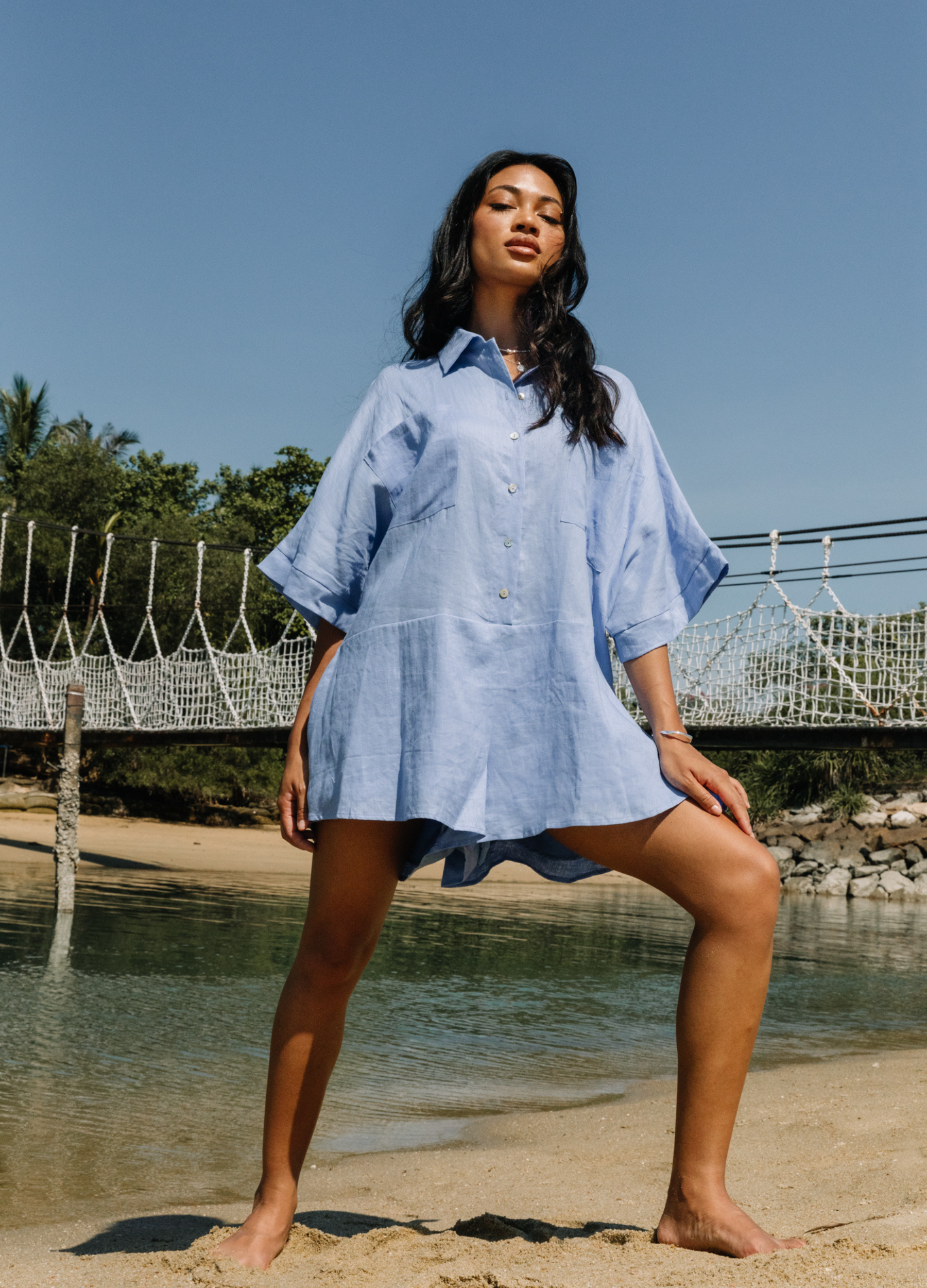 Pixie Cornflower Blue Playsuit with shell buttons and collar