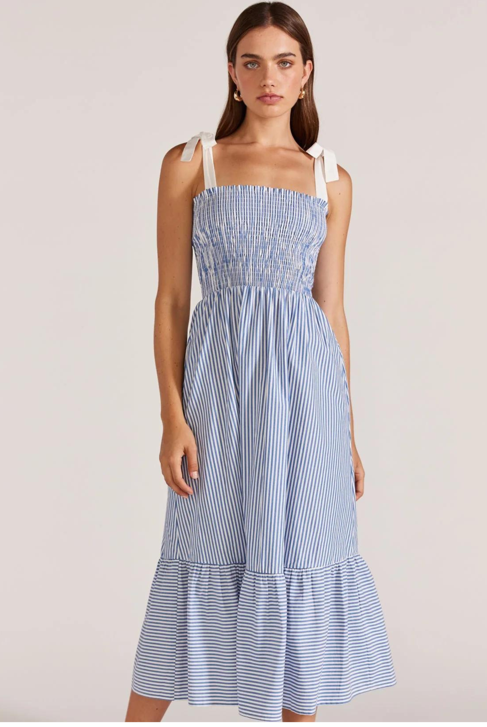 Blue and white shirred bust dress with white contrast straps from Staple the Label