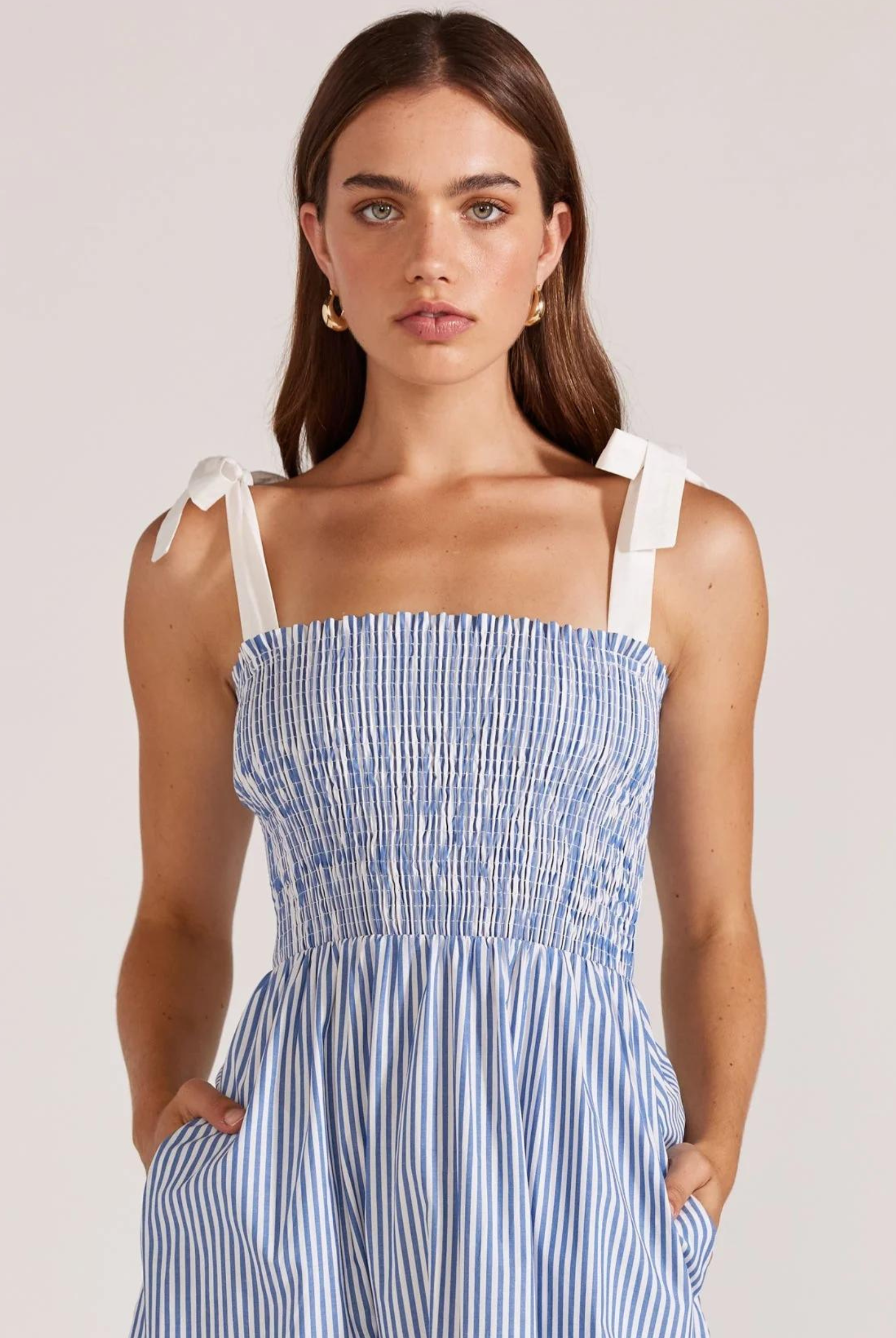 Blue and white shirred bust dress with white contrast straps from Staple the Label