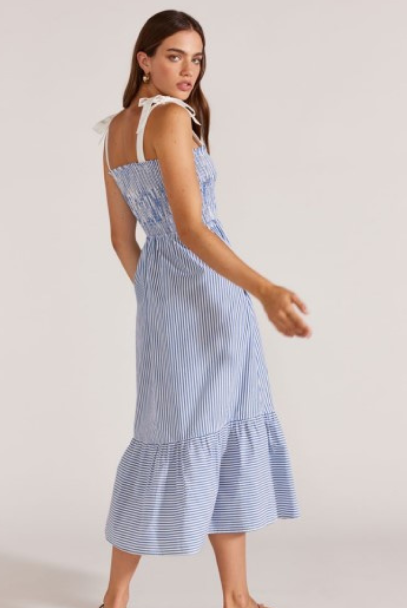 Blue and white shirred bust dress with white contrast straps from Staple the Label