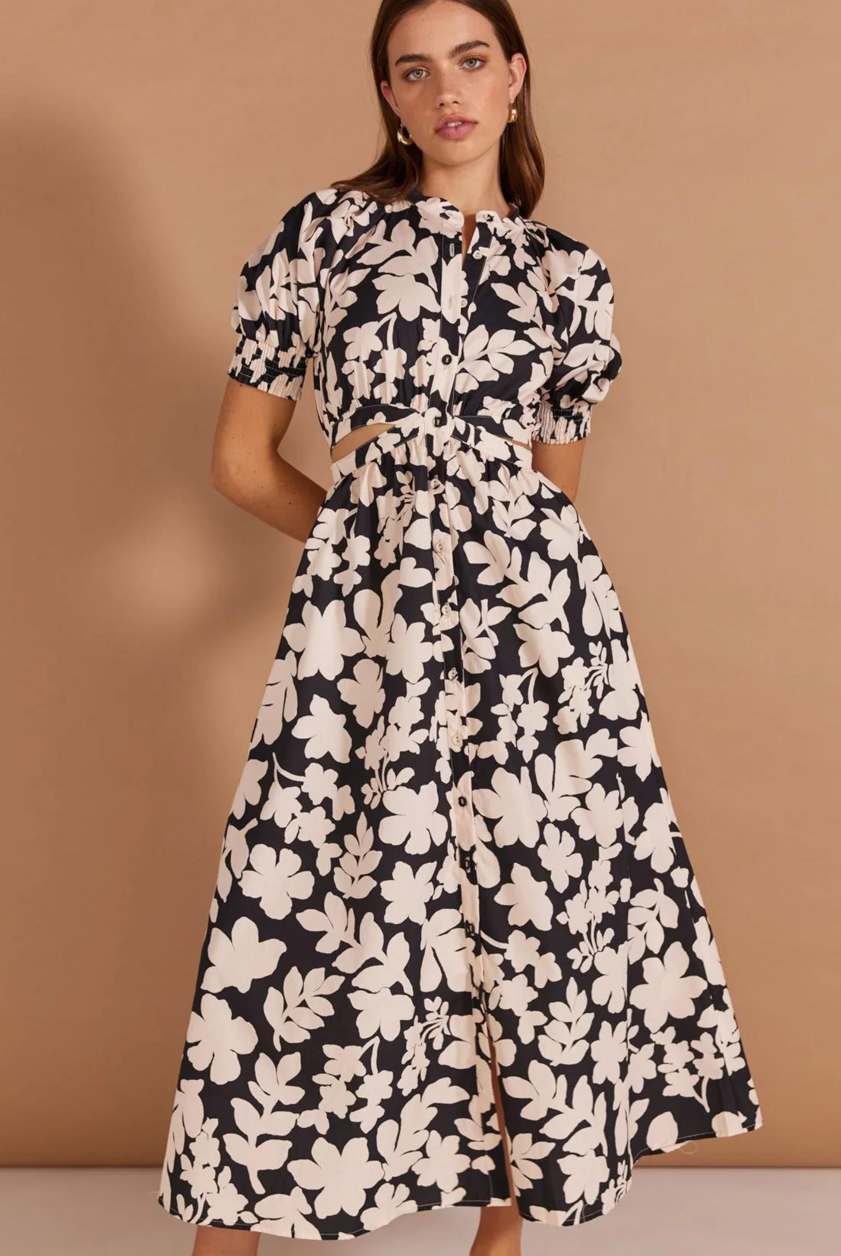 Selita Cut Out Midi Dress from Staple the Label black and white floral print with cut outs