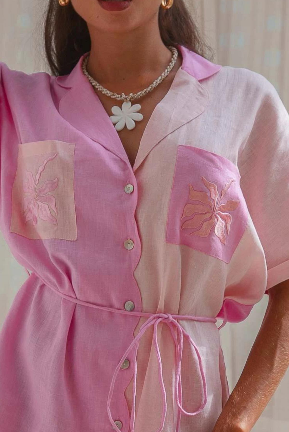 Colour block shirt dress pale pink and dark pink