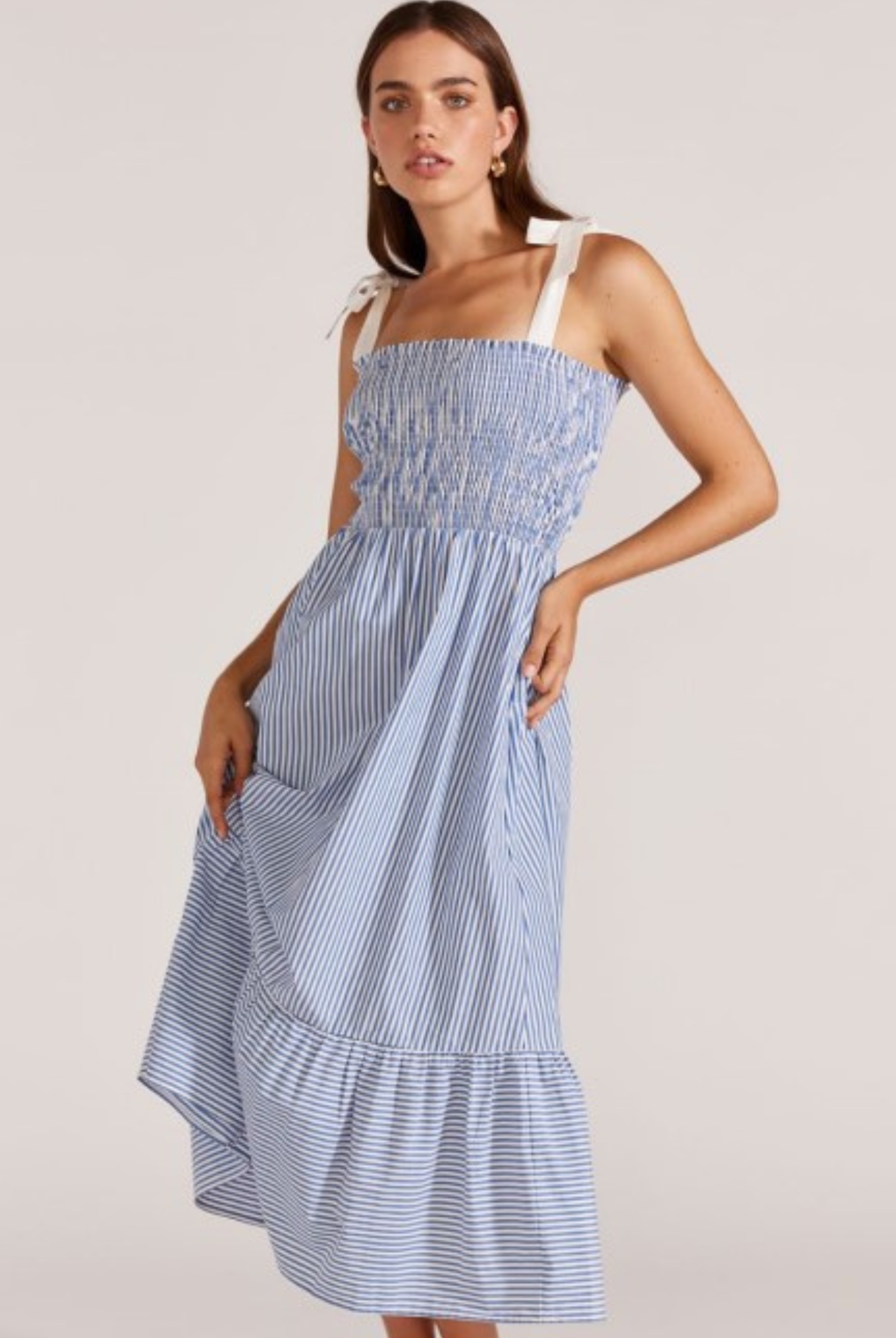 Blue and white shirred bust dress with white contrast straps from Staple the Label