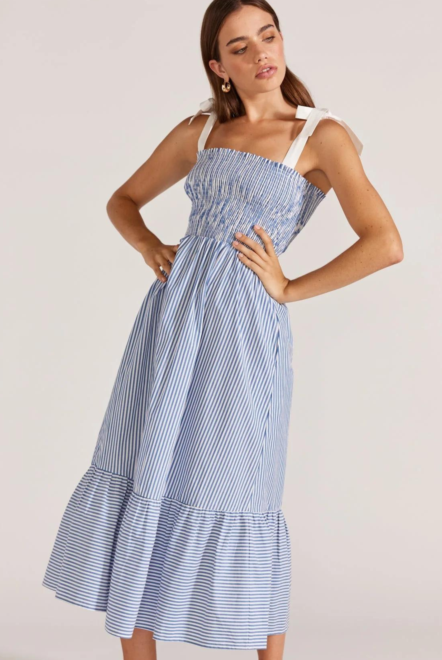 Blue and white shirred bust dress with white contrast straps from Staple the Label