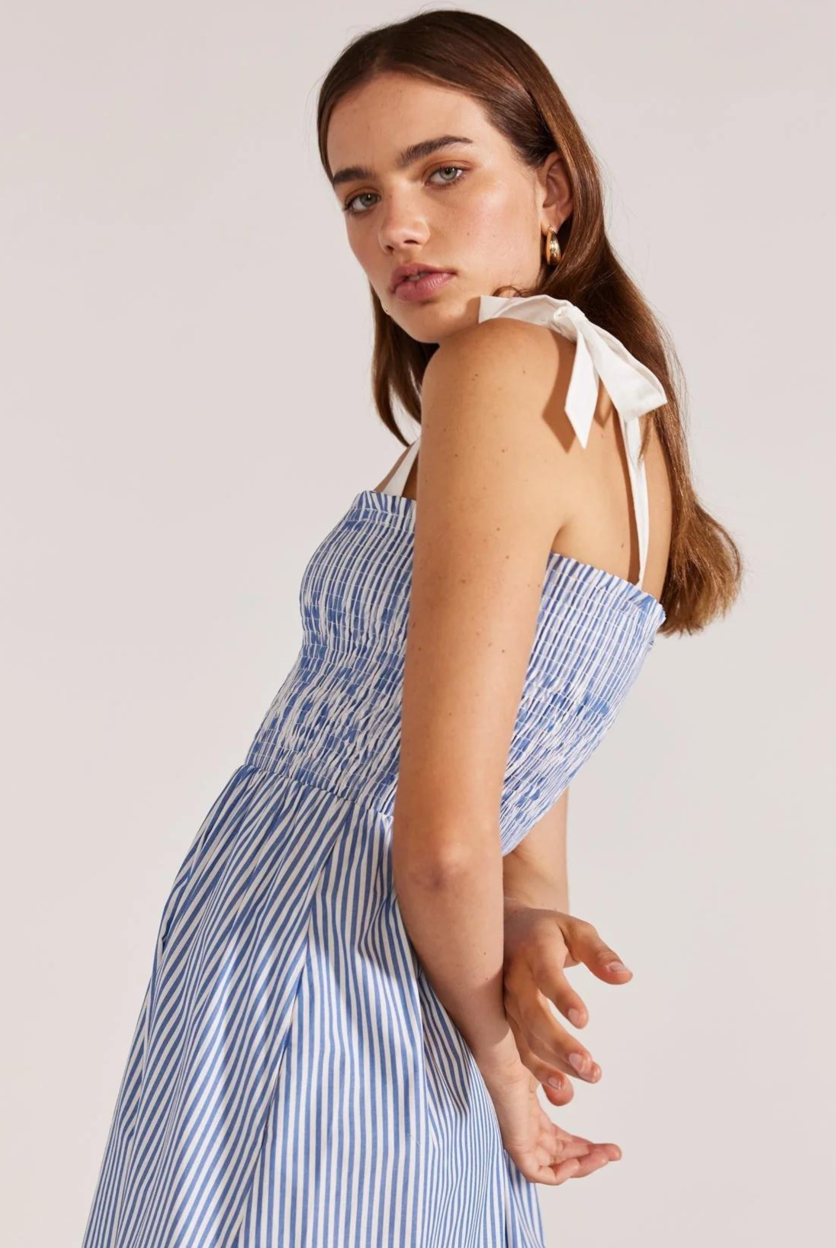 Blue and white shirred bust dress with white contrast straps from Staple the Label