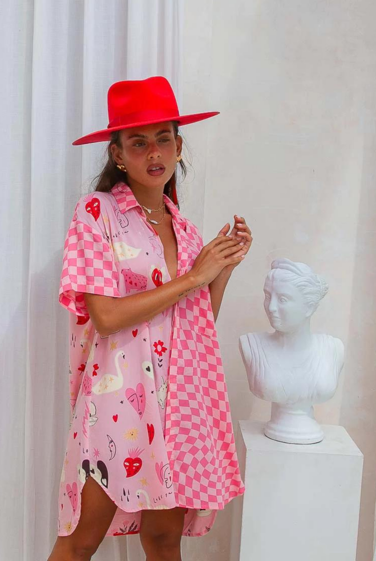 Palm Collective Spliced Shirt Dress in pink print