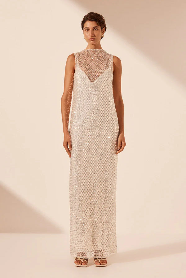 Silver embellished maxi dress from Shona Joy