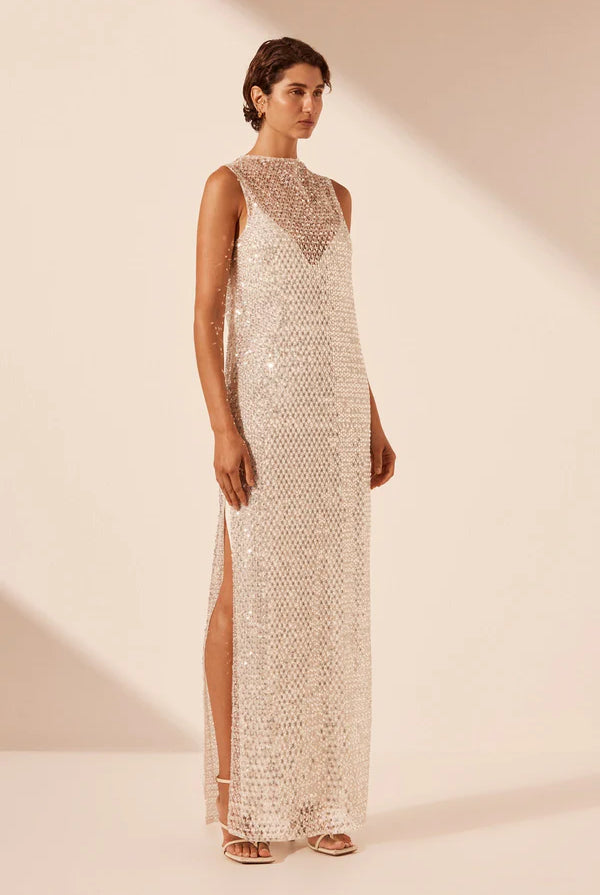 Silver embellished maxi dress from Shona Joy