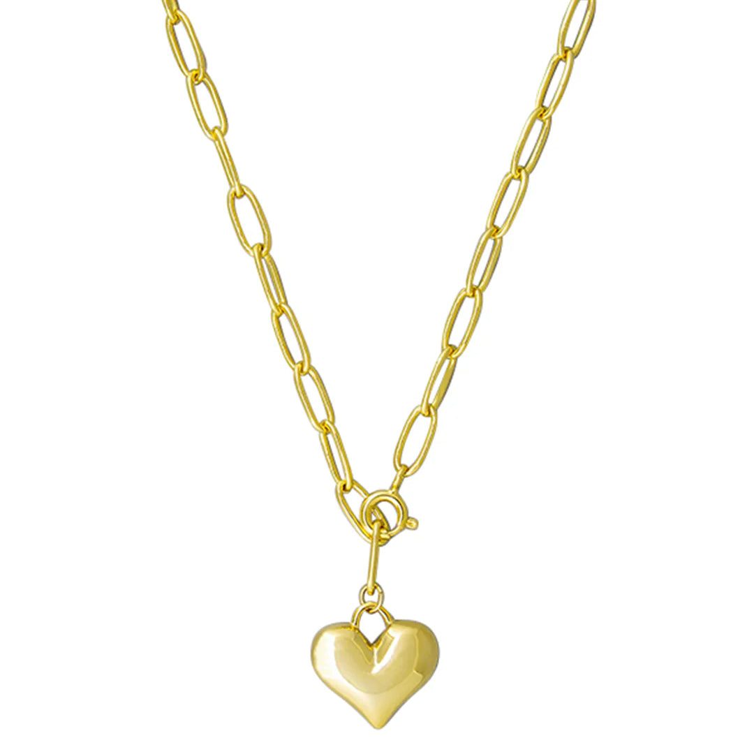 Gold heart-shaped pendant on a gold chain against a white background