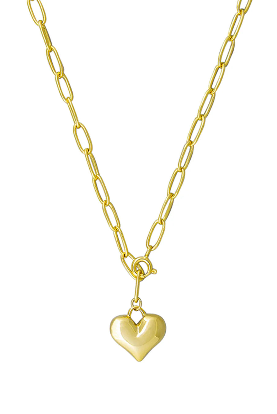Gold heart-shaped pendant on a gold chain against a white background