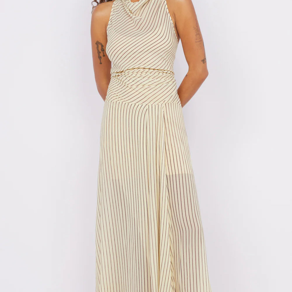 Bec + Bridge high neck anise dress in neutral stripe