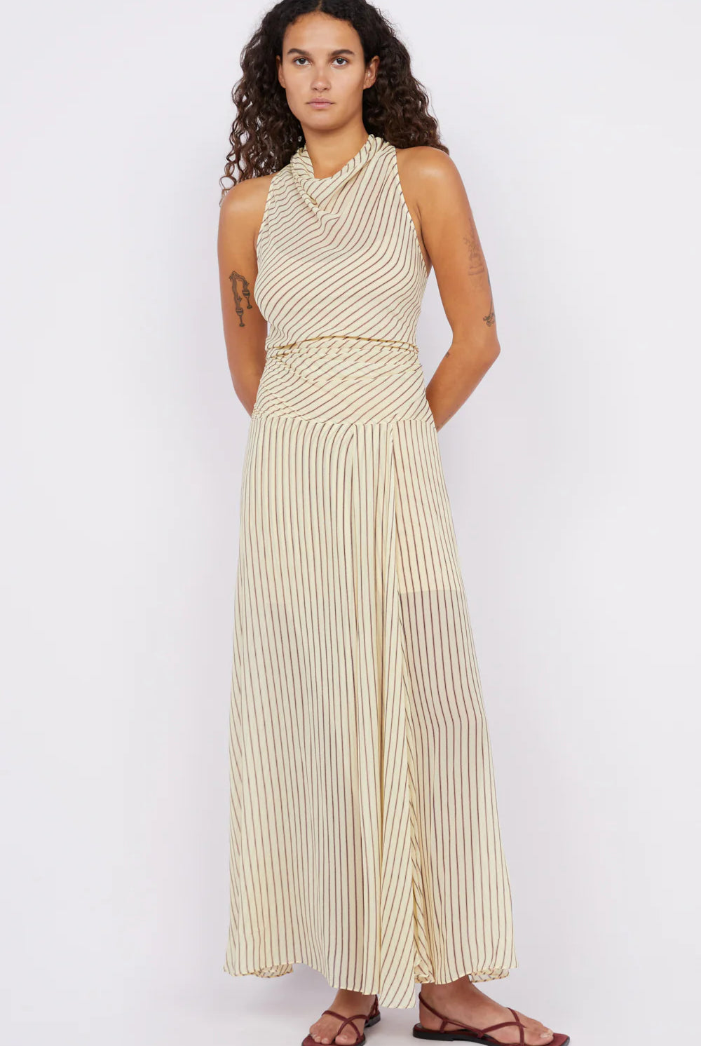 Bec + Bridge high neck anise dress in neutral stripe