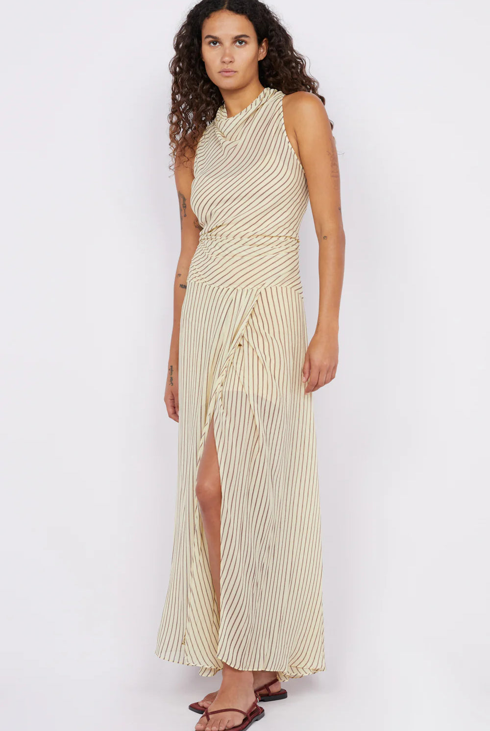 Bec + Bridge high neck anise dress in neutral stripe