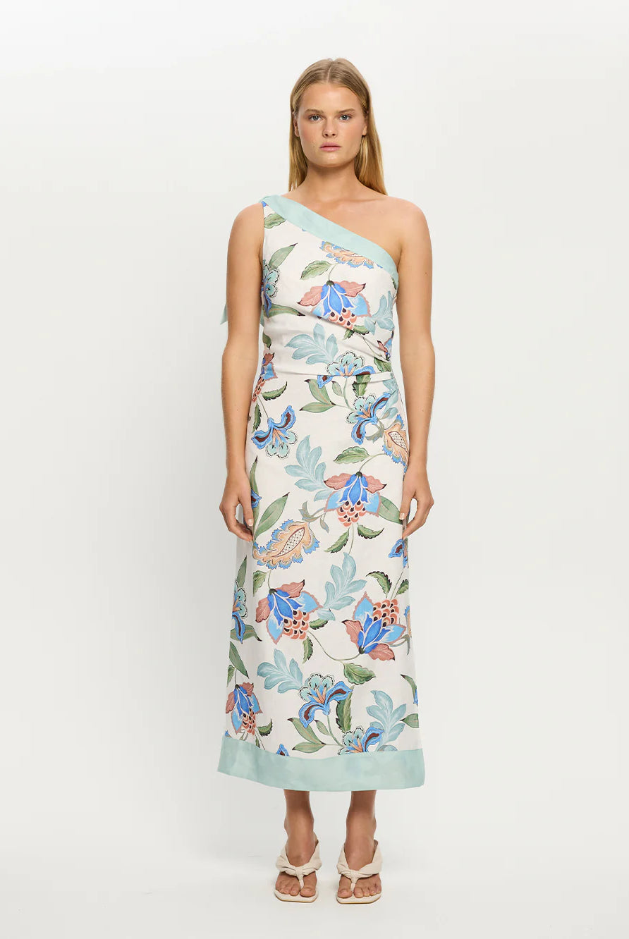 Woman wearing one shoulder floral print midi dress from Kivari Azure