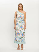 Woman wearing one shoulder floral print midi dress from Kivari Azure