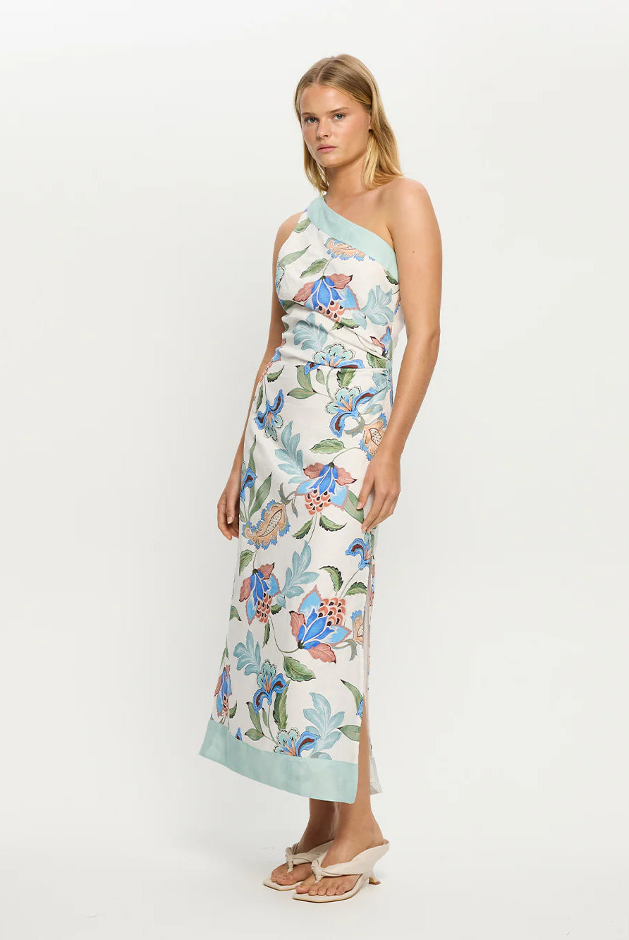 Woman wearing one shoulder floral print midi dress from Kivari Azure