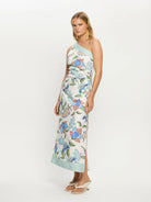 Woman wearing one shoulder floral print midi dress from Kivari Azure