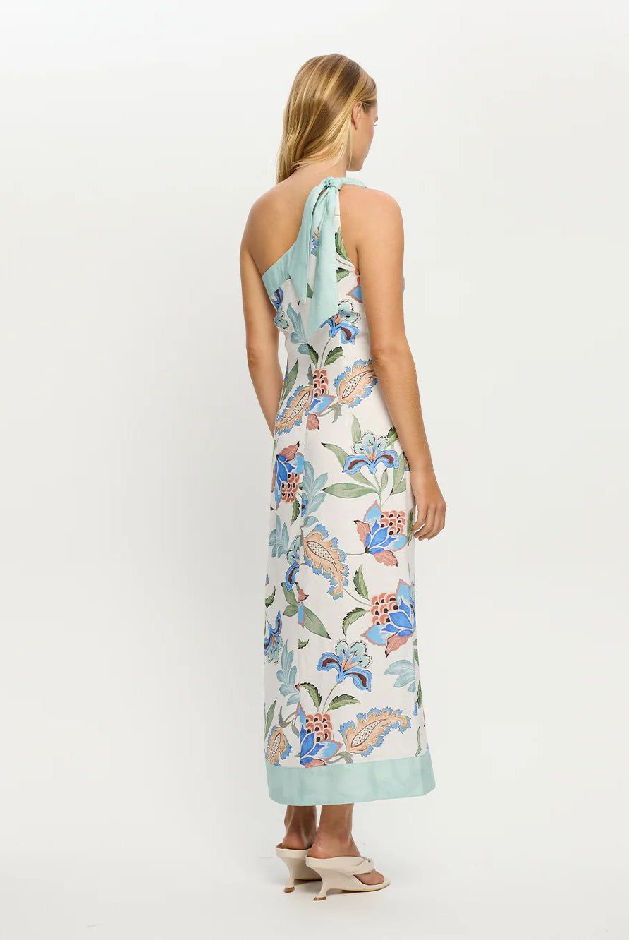 Woman wearing one shoulder floral print midi dress from Kivari Azure