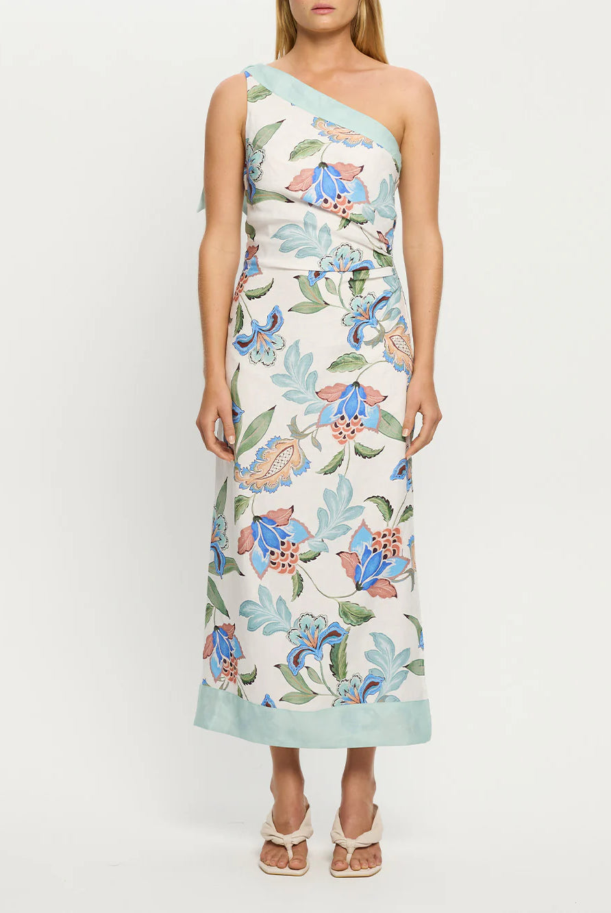 Woman wearing one shoulder floral print midi dress from Kivari Azure
