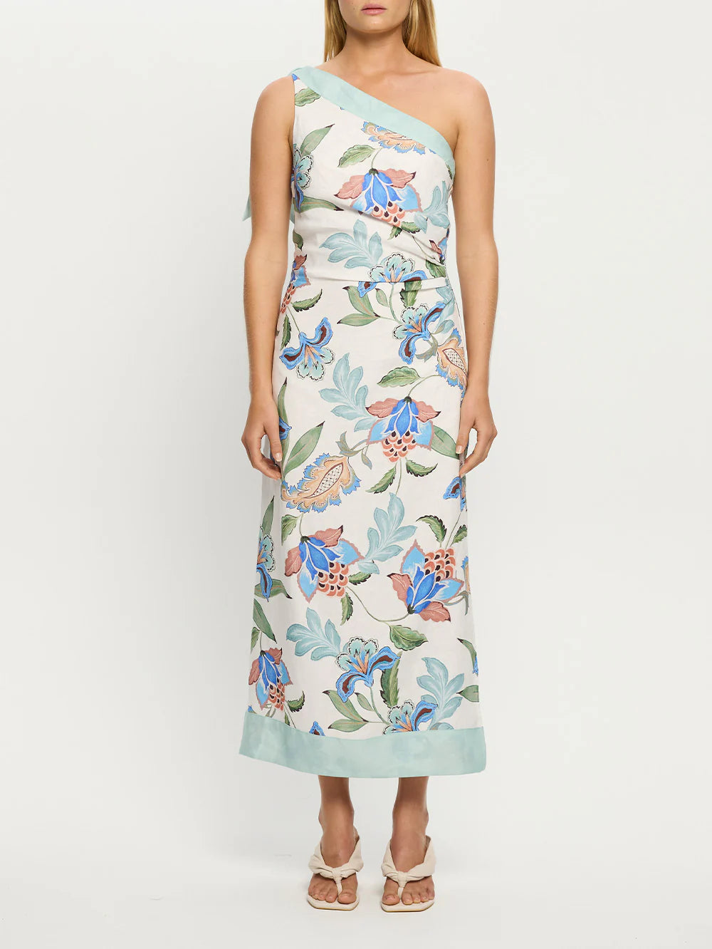 Woman wearing one shoulder floral print midi dress from Kivari Azure