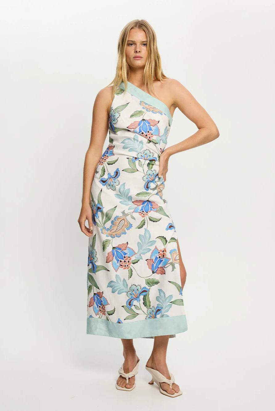 Woman wearing one shoulder floral print midi dress from Kivari Azure