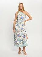 Woman wearing one shoulder floral print midi dress from Kivari Azure