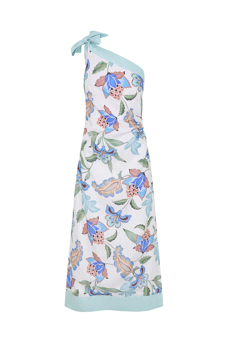 Woman wearing one shoulder floral print midi dress from Kivari Azure
