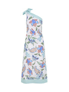 Woman wearing one shoulder floral print midi dress from Kivari Azure