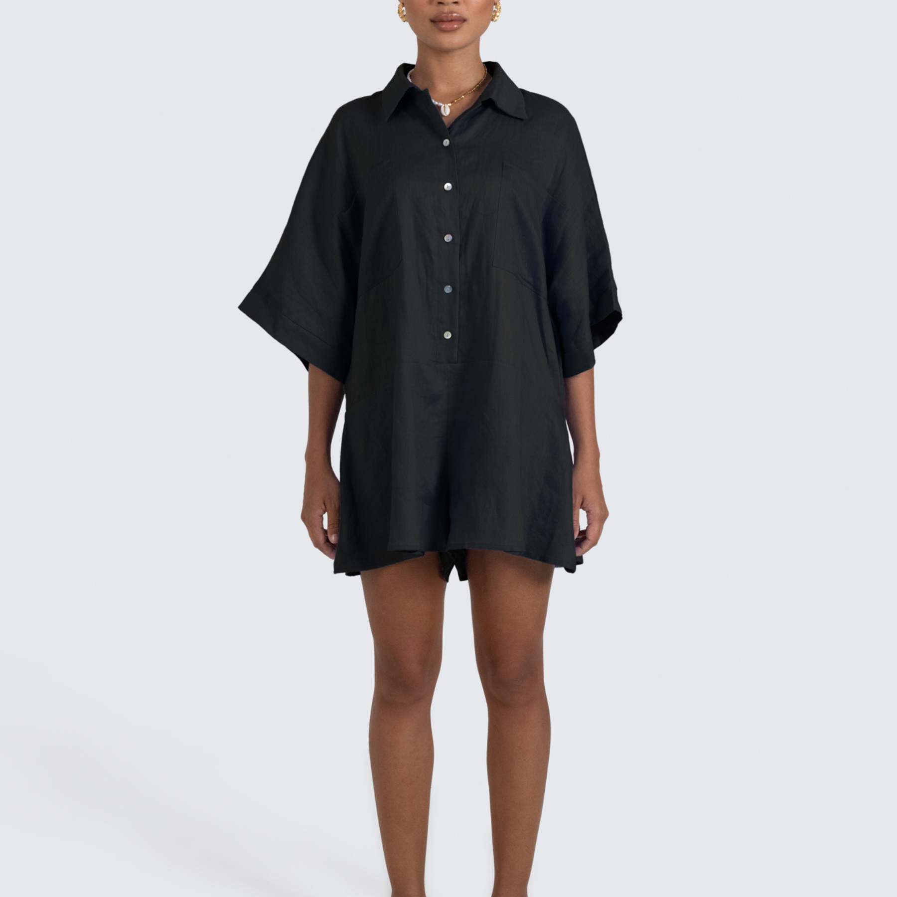 ESTL Black relaxed fit playsuit with shell buttons and a half sleeve