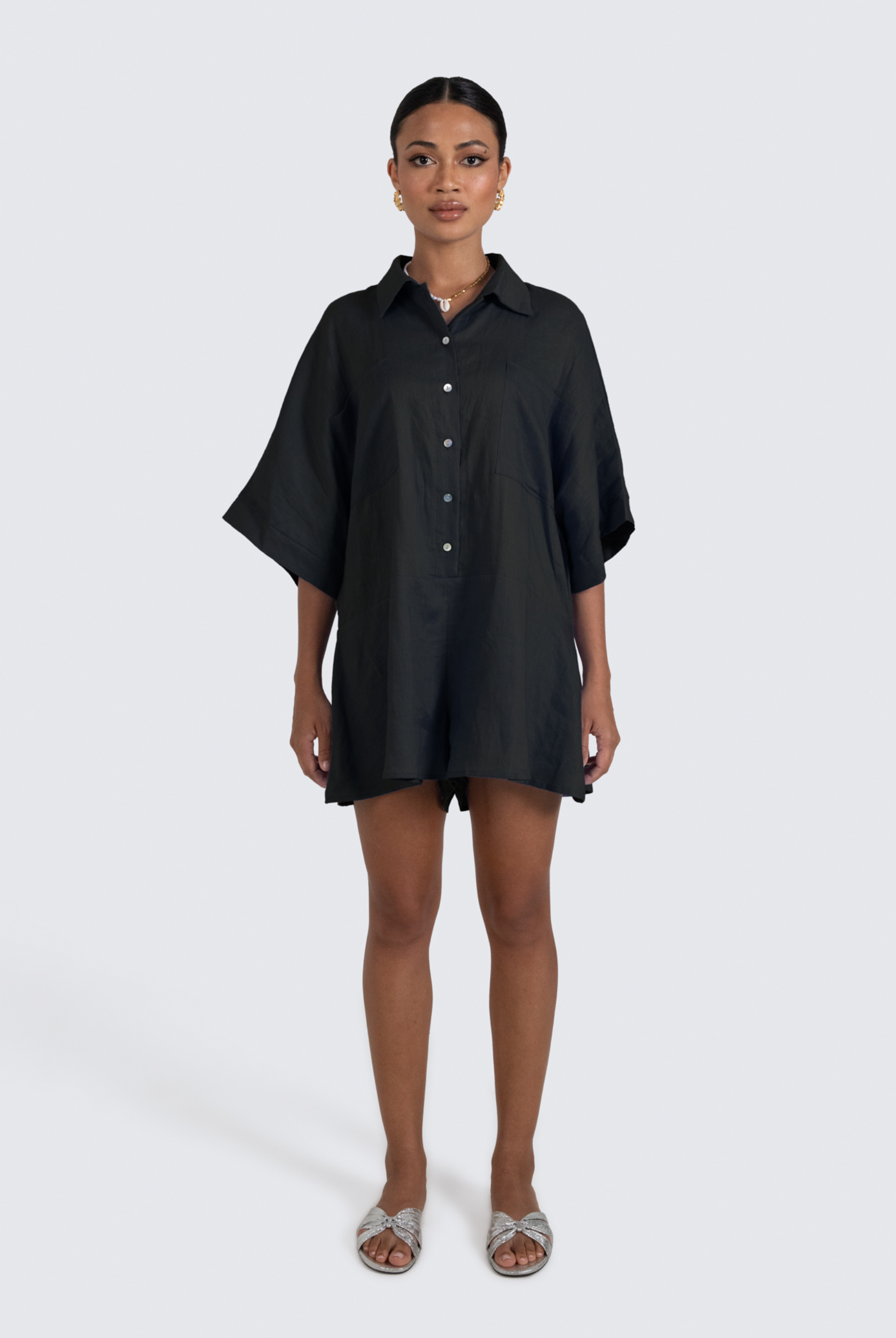 ESTL Black relaxed fit playsuit with shell buttons and a half sleeve