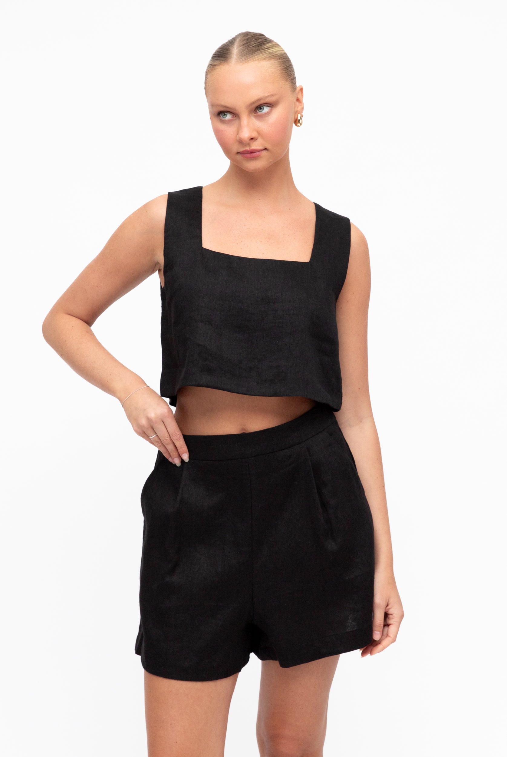 Black Tailored Linen Shorts with Centre back zip