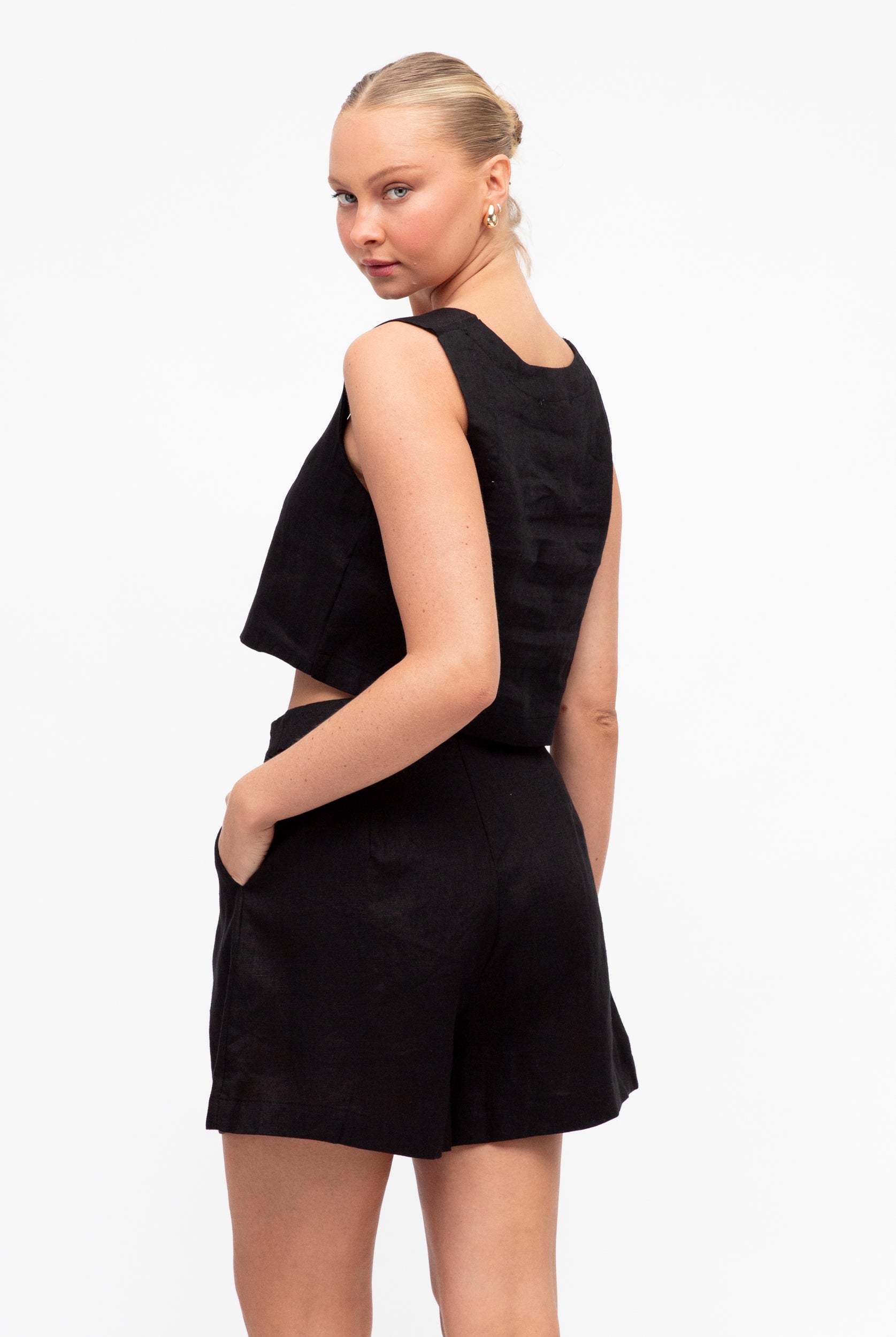 Black Tailored Linen Shorts with Centre back zip