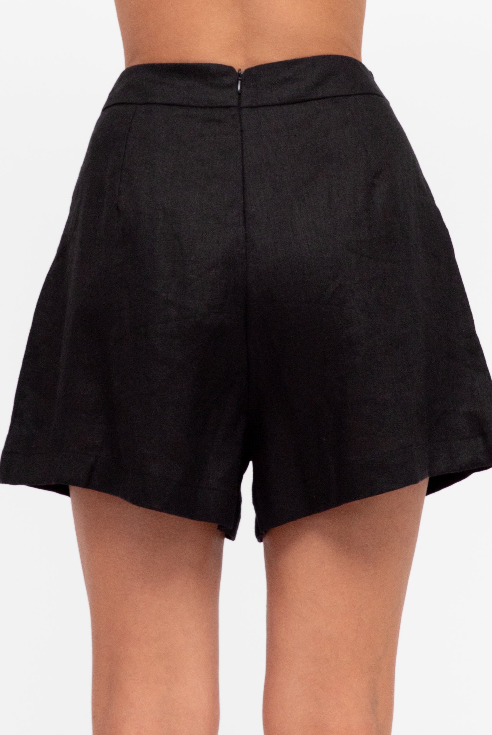Black Tailored Linen Shorts with Centre back zip