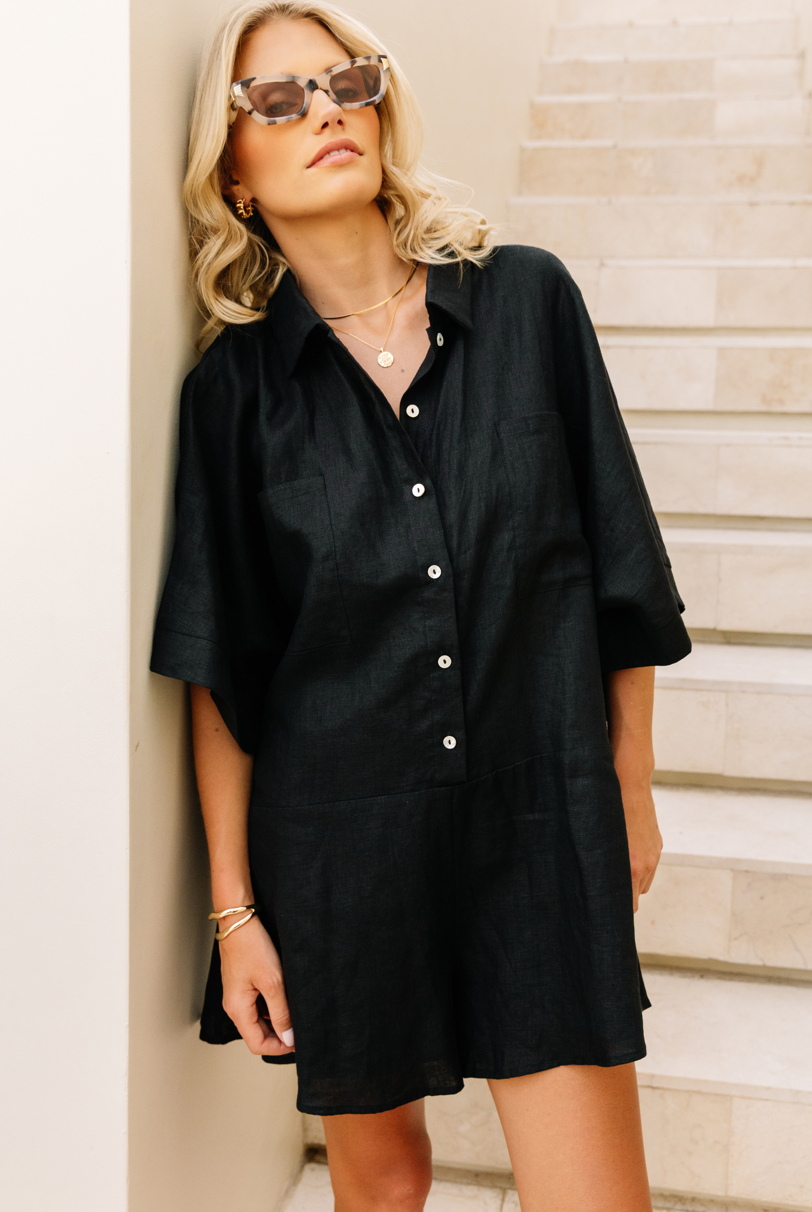 Black oversized playsuit in 100% Linen