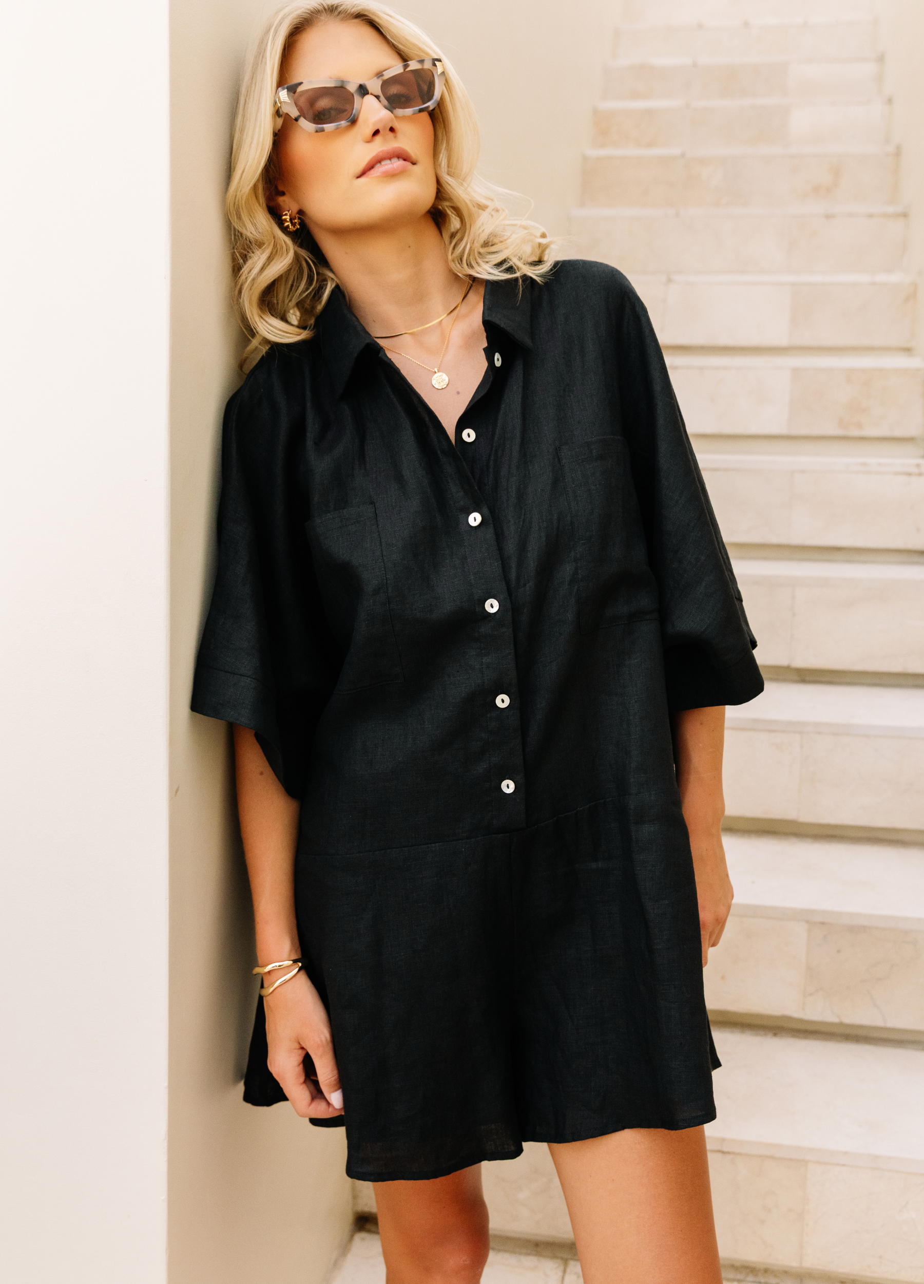 Black oversized playsuit in 100% Linen