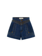 Blue denim shorts on a white background