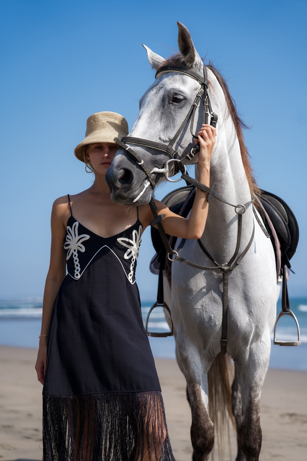 Palm Collective Havana Midi Dress, black midi dress with palm tree embroidery