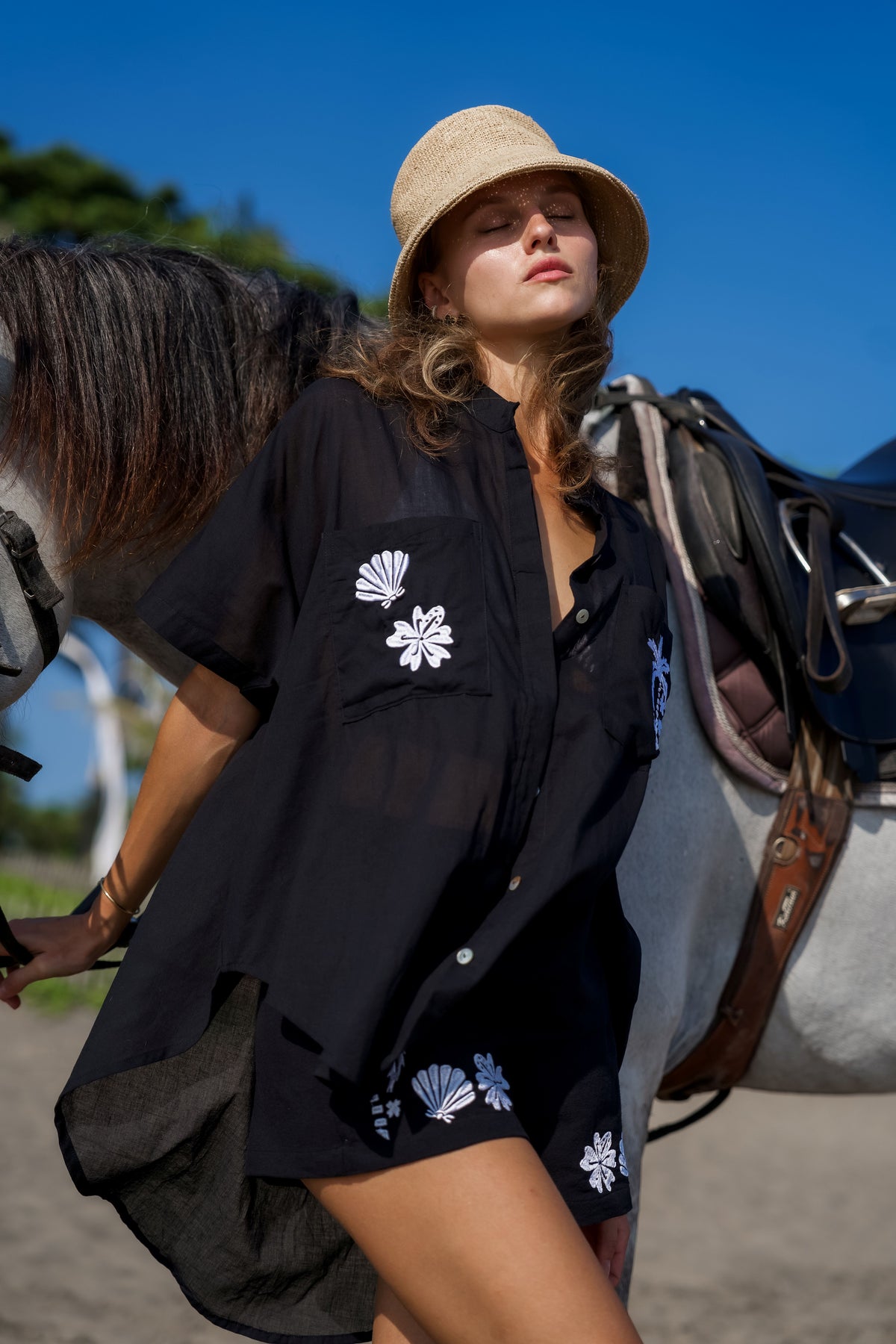Palm Collective Paradiso Shirt, oversized black shirt with embroidery