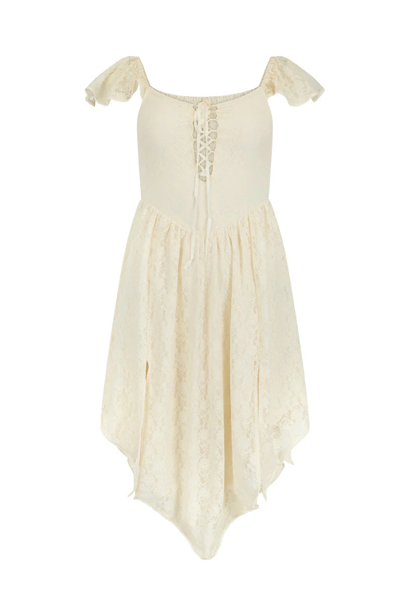 Cream-colored dress with lace details on a white background