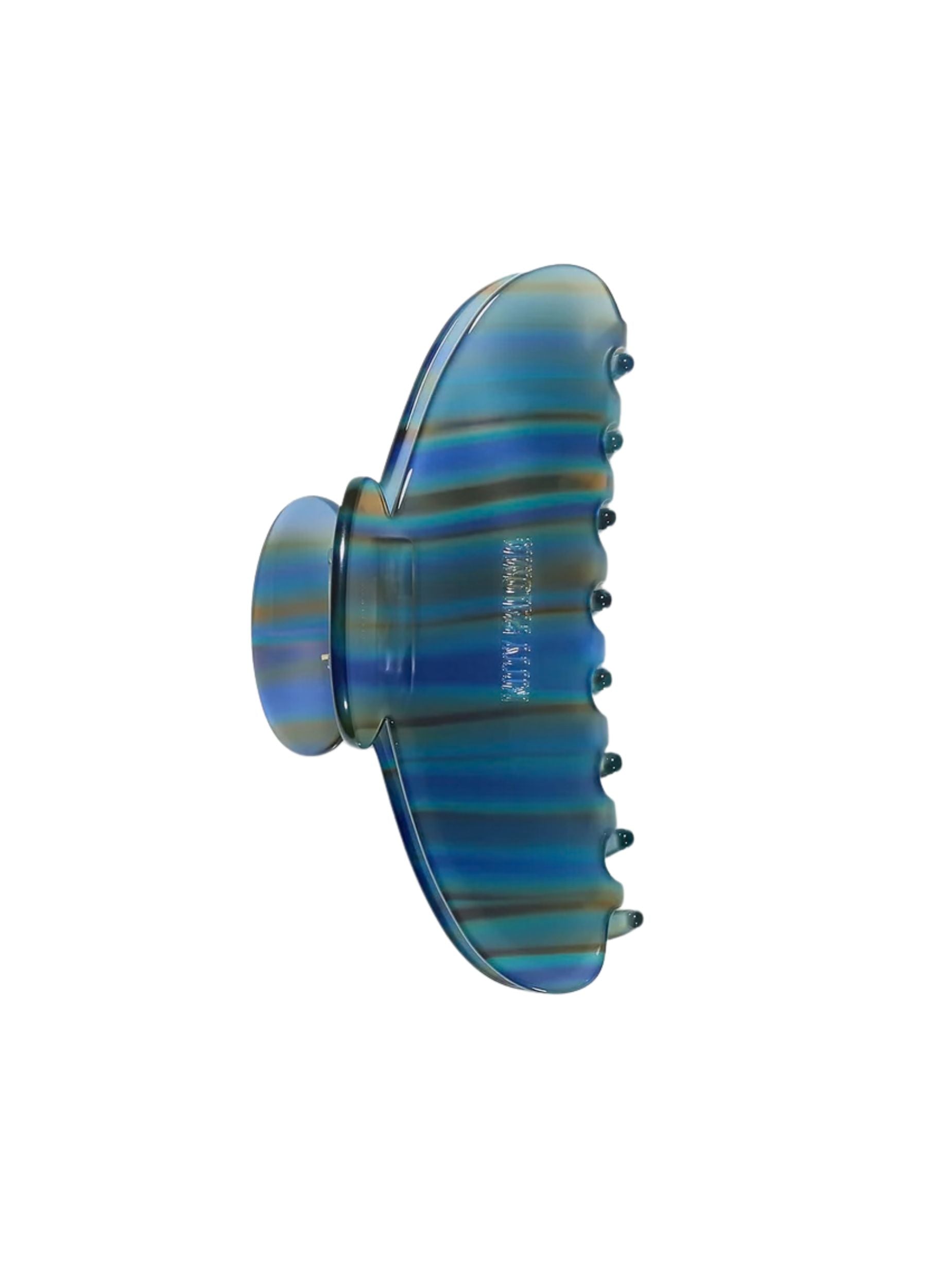 Blue and green striped hair clip on a white background