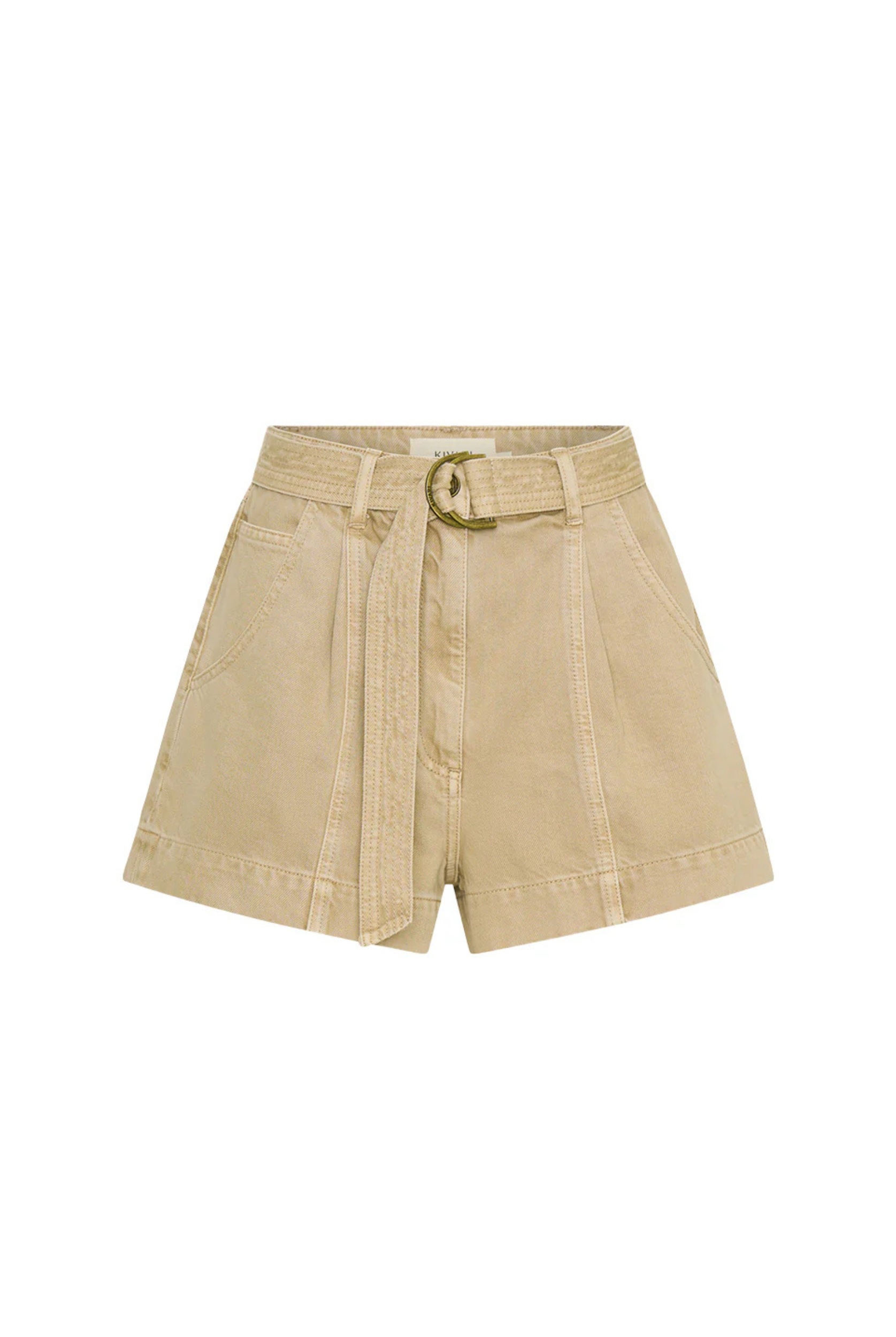 Neutral denim shorts with belt and gold hardware