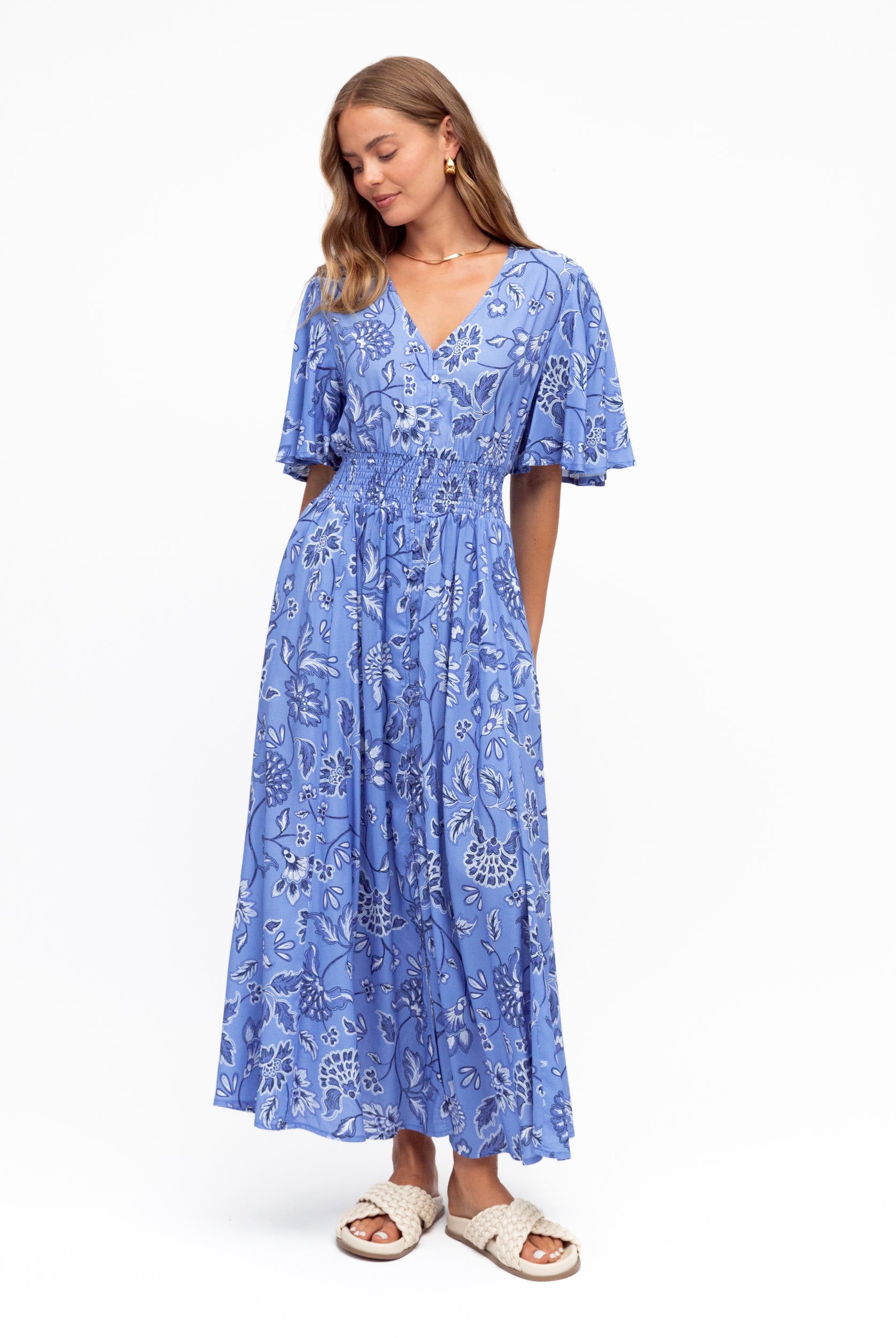 Blue and white maxi dress in floral print