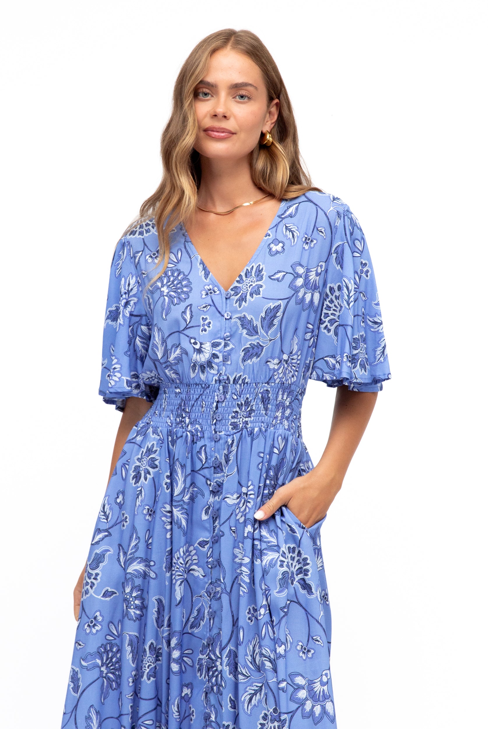 Blue and white maxi dress in floral print